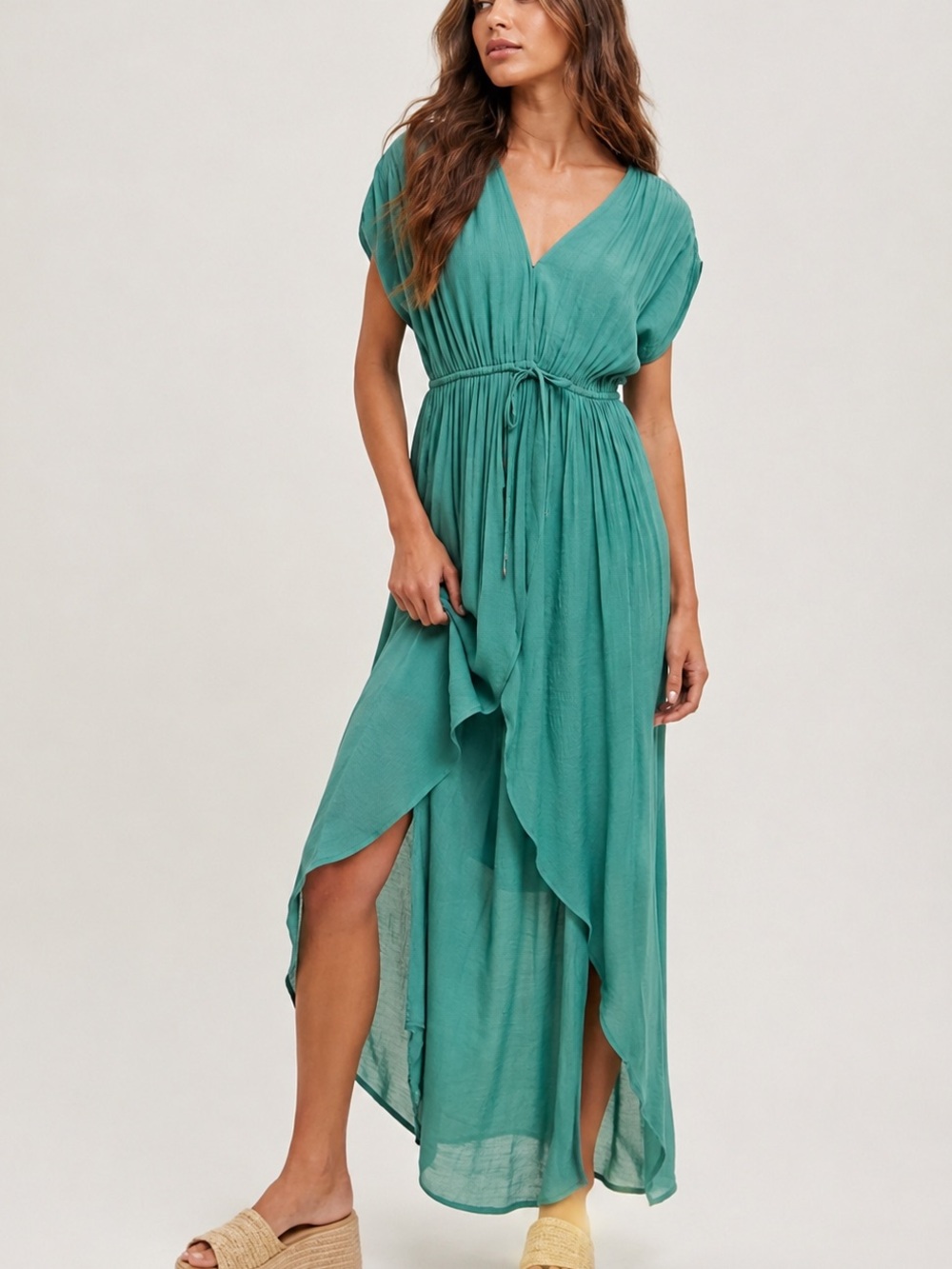 Elan Teal High Low Maxi Dress Swim Cover Up Drawstring Waist M